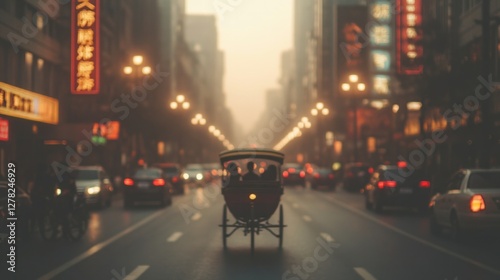 Foggy city street illuminated by neon signs, rickshaw at center
