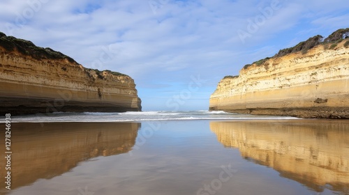 Coastal Cliffs Reflecting in Tranquil Waters: A Stunning Beach Landscape