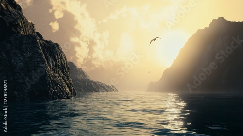 Golden Hour Coastal Majesty: Majestic Mountains Meet the Sunrise Sea