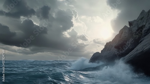 Dramatic Coastal Storm: Powerful Waves Crashing Against Rocky Cliffs