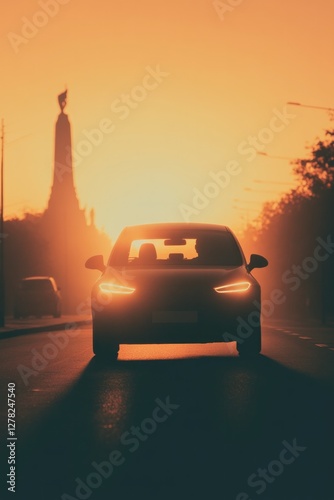 Silhouetted car driving towards vibrant sunset, creating dramati