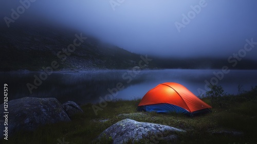 Misty Mountain Lake Camping Scene: Tranquil Nighttime Adventure