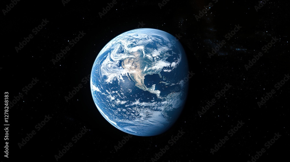 Naklejka premium A Stunning View of Earth from Space: A Vibrant Blue Planet Surrounded by Stars, Showcasing Diverse Oceans, Landmasses, and Atmospheric Details