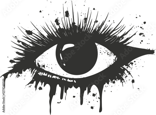 Abstract ink splatter design featuring a stylized eye in black and white.