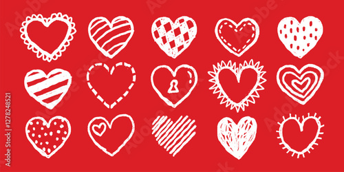 White hand-drawn hearts on a gray background. Each heart is unique, with a hand-drawn style. Perfect for designs needing hand-drawn heart elements. White doodle Valentine's Day vector set.