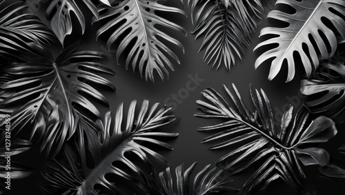 Elegant black and white tropical leaves arrangement with ample negative space for creative text or branding overlays. photo