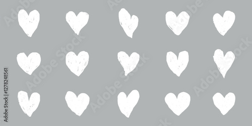 White hand-drawn hearts on a gray background. Each heart is unique, with a hand-drawn style. Perfect for designs needing hand-drawn heart elements. White doodle Valentine's Day vector set.