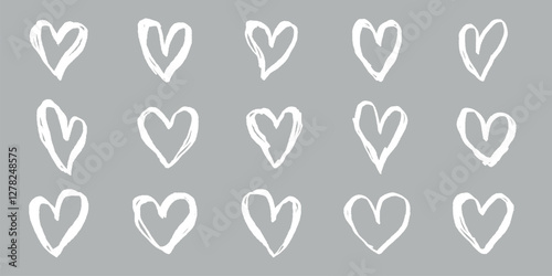White hand-drawn hearts on a gray background. Each heart is unique, with a hand-drawn style. Perfect for designs needing hand-drawn heart elements. White doodle Valentine's Day vector set.
