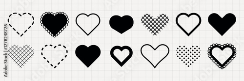 Set of 12 black heart icons with various patterns like dots, lines, and lace. Heart shapes vary in style, showcasing creative heart designs. Black Valentine's Day elements, vector set.