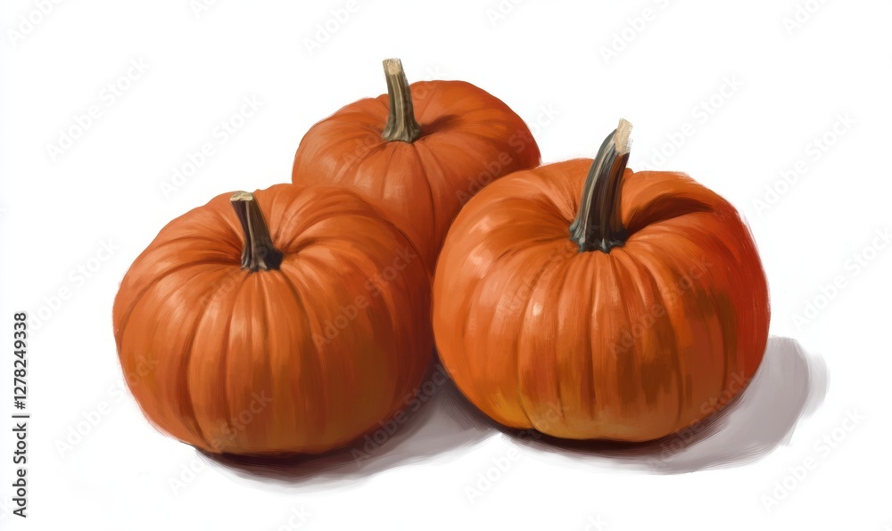 Three ripe pumpkins arranged closely on a white background, ideal for autumn-themed decoration Three ripe pumpkins arranged closely on a white background, ideal for autumn-themed decoration