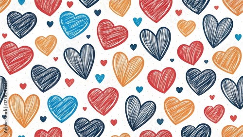 Vibrant Hand-Drawn Heart Pattern in Red, Blue, and Orange