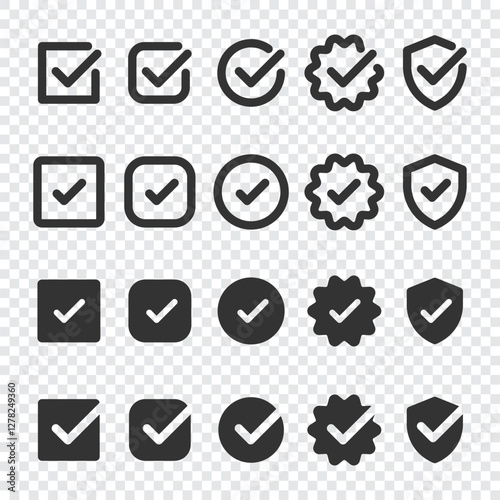 Set of checkmark icons in various styles. Includes checkmarks in circles, squares, and shields. Checkmark symbols for approval, confirmation, and selection. Vector element set.