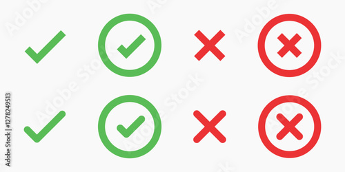 Green check marks and red X marks. Check marks indicate approval. X marks indicate rejection. Simple symbols for yes and no. Clear visual for correct and incorrect. Vector element set.