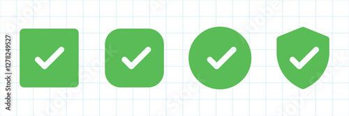 Green checkmarks in various shapes: square, rounded square, circle, and shield. Green checkmarks symbolize approval, success, and confirmation. Vector element set.