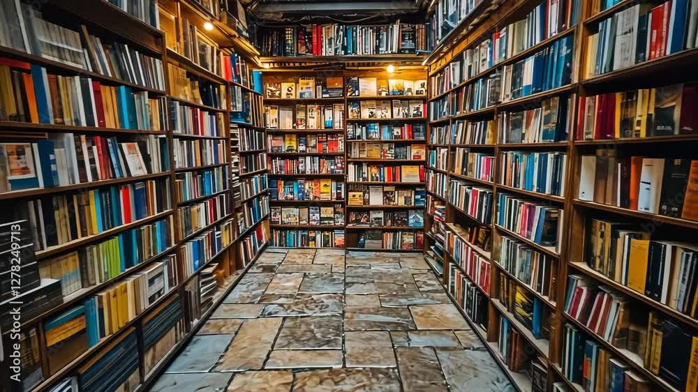 Cozy, dimly lit library interior showcasing rows of bookshelves filled with various books Cozy, dimly lit library interior showcasing rows of bookshelves filled with various books