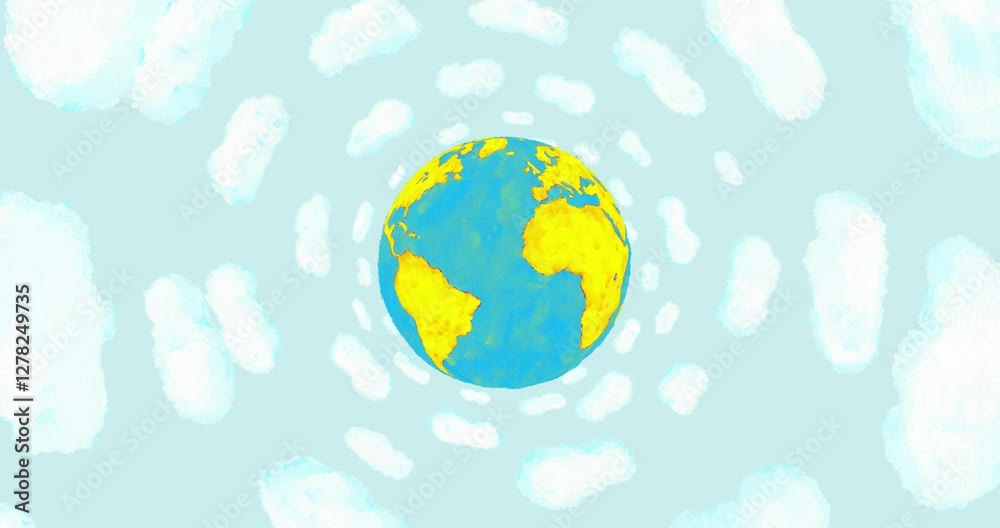 Earth hand drawn on circle rotating clouds. Paint hand made cartoon style crayon and oils. Good for titles journey travel theme. Motion design graphic animation.