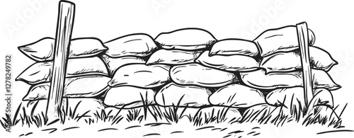 Black and white sketch of sandbags stacked as a protective barrier.