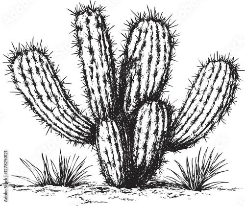Black and white sketch of a cactus in a detailed botanical illustration.