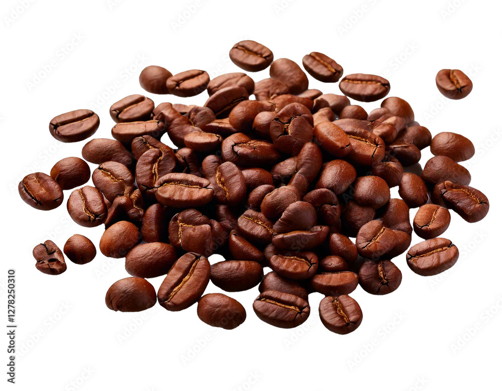 Fototapeta premium Rich and aromatic coffee beans isolated on a white background, with studio professional lighting, showcasing their deep brown color, glossy texture, and natural imperfections in high-quality detail.