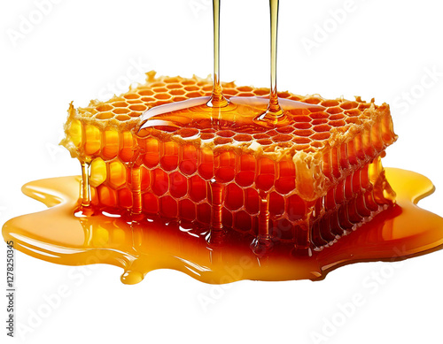 Detailed honeycomb dripping with golden honey, isolated on a white background with studio professional lighting, capturing the rich amber tones and intricate hexagonal patterns in HD, high-quality rea