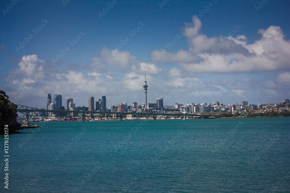 Looking over Auckland Harbour and a skyline of Auckland City from a suburb of Birkinhead. North Island, New Zealand Looking over Auckland Harbour and a skyline of Auckland City from a suburb of Birkinhead. North Island, New Zealand