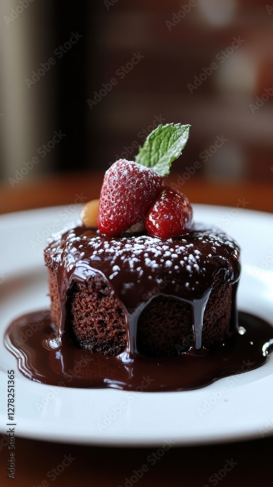 Decadent Chocolate Lava Cake with Fresh Strawberries and Mint Garnish on a White Plate Delicious Dessert Decadent Chocolate Lava Cake with Fresh Strawberries and Mint Garnish on a White Plate Delicious Dessert