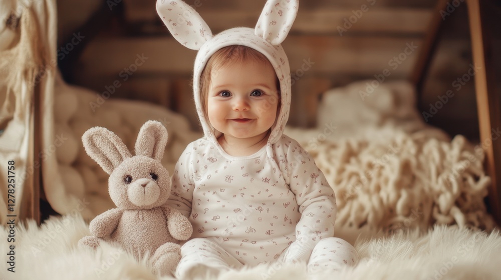A happy toddler in a bright, playful outfit hugging a stuffed animal. A happy toddler in a bright, playful outfit hugging a stuffed animal.