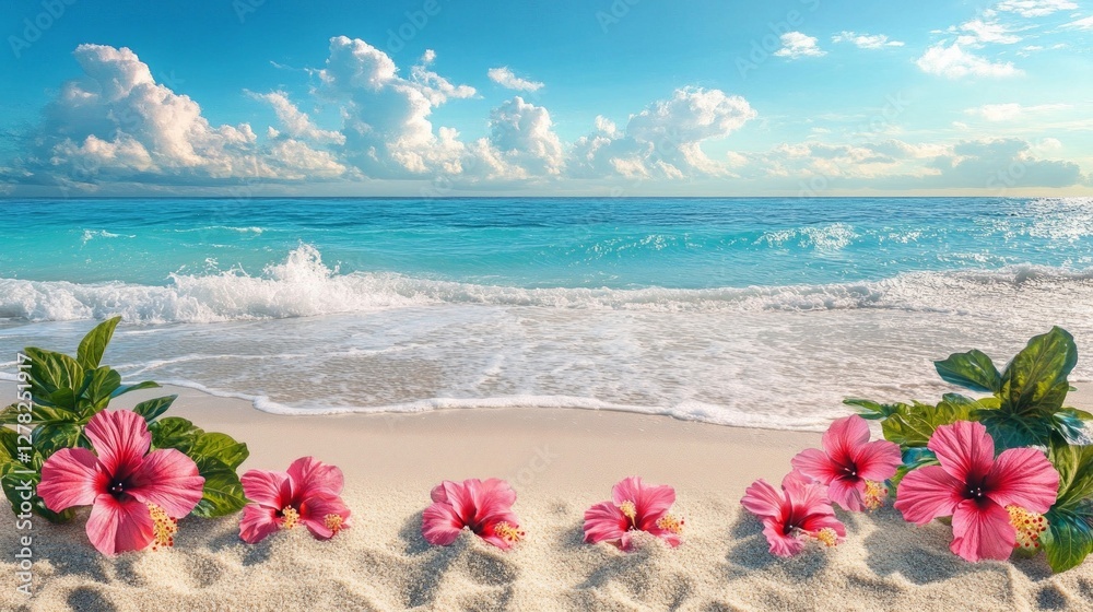 Tranquil Tropical Beach Scene with Hibiscus Flowers Tranquil Tropical Beach Scene with Hibiscus Flowers