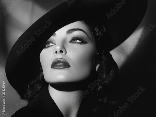 Film Noir Look. Woman in Black and White Portrait, Classic Cinematic Style
