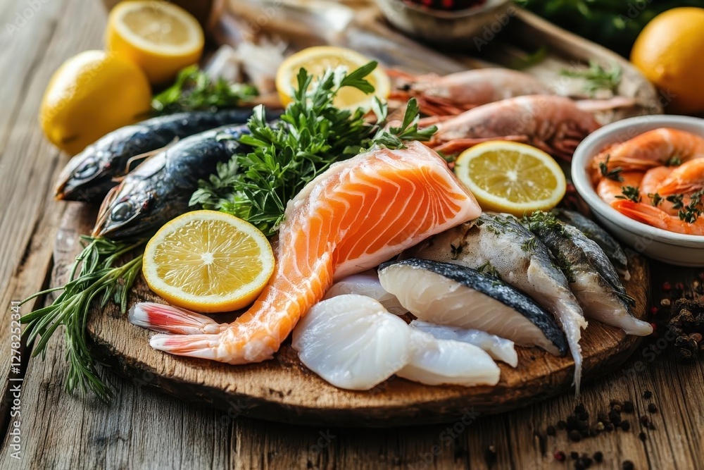 mediterranean seafood platter on rustic wooden table fresh catches arranged with citrus and herbs in warm sunlight mediterranean seafood platter on rustic wooden table fresh catches arranged with citrus and herbs in warm sunlight