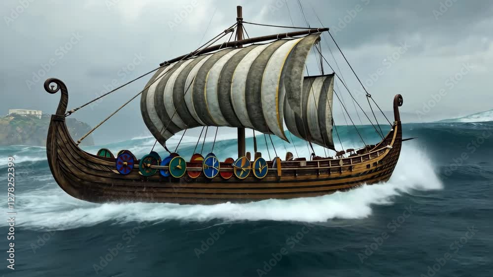 Viking ship struggles against fierce waves during stormy seas near rugged coastline