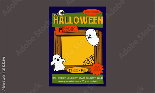 Halloween party Flyer. Halloween Party Set for Advertising, Web, Social Media, Posters, Banners, Covers, Club Invitations, Festivals, and Flyers. Template with Ghosts, Bats, and Pumpkins.