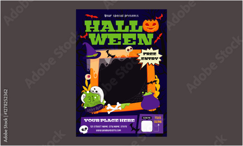 Halloween party Flyer. Halloween Party Set for Advertising, Web, Social Media, Posters, Banners, Covers, Club Invitations, Festivals, and Flyers. Template with Ghosts, Bats, and Pumpkins.