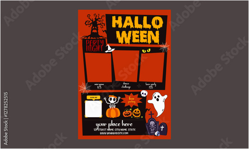 Halloween party Flyer. Halloween Party Set for Advertising, Web, Social Media, Posters, Banners, Covers, Club Invitations, Festivals, and Flyers. Template with Ghosts, Bats, and Pumpkins.
