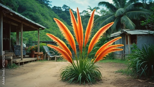 Vibrant Brazilian Plume Flower in Natural Habitat Showcasing Distinctive Orange Spirals Against a Lush Green Background. photo