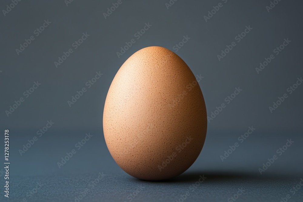 Single brown egg standing upright against a solid gray background Single brown egg standing upright against a solid gray background