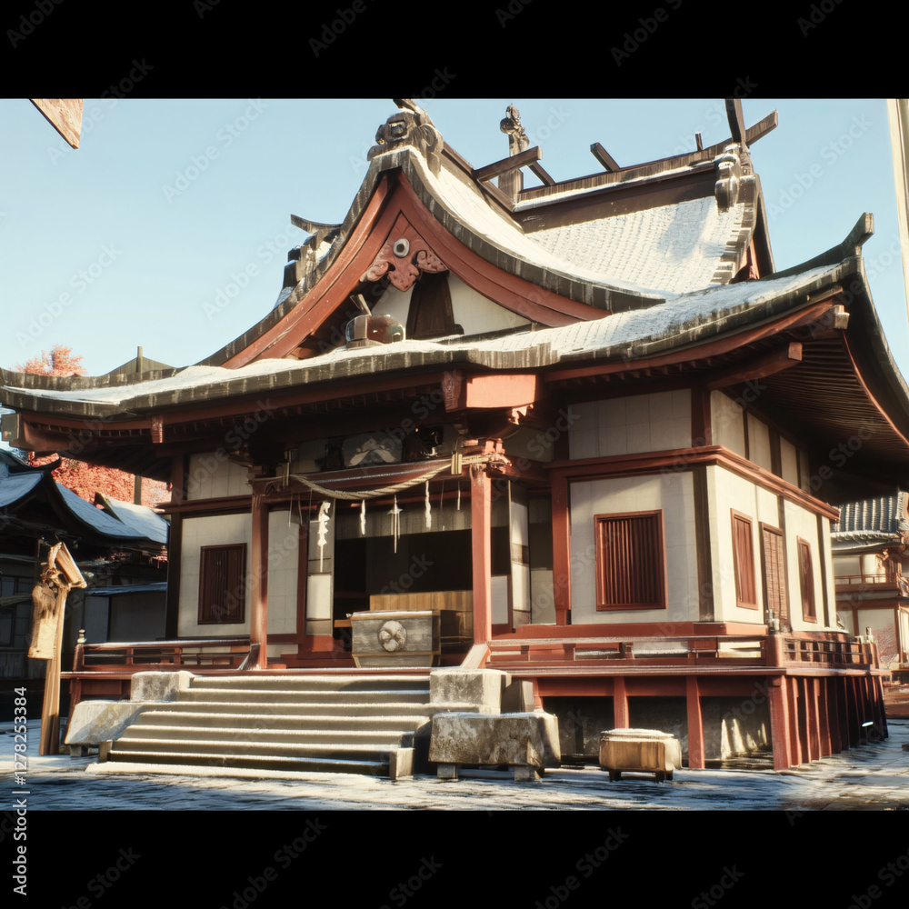 Ancient Japanese temple with a curved roof and traditional ornaments Ancient Japanese temple with a curved roof and traditional ornaments
