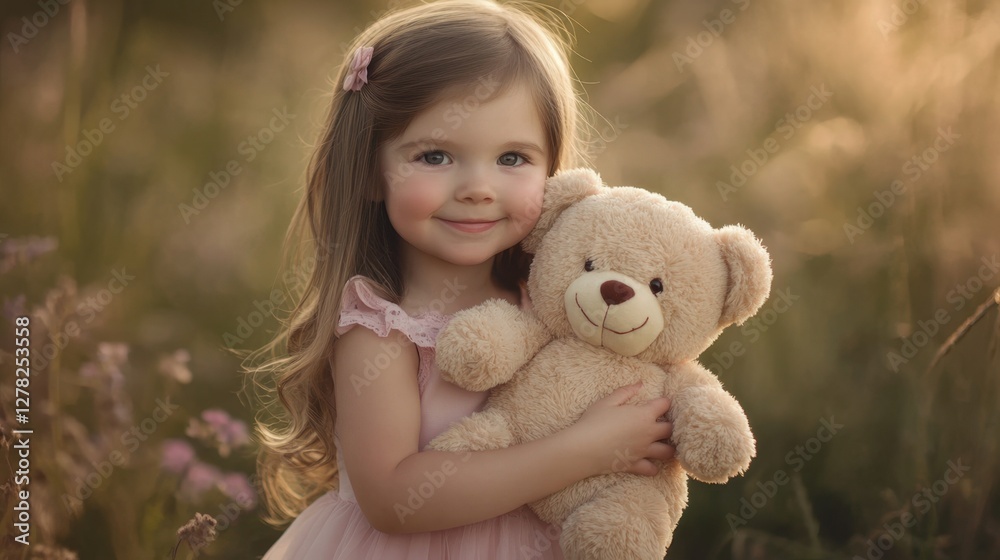 A happy toddler in a bright, playful outfit hugging a stuffed animal. A happy toddler in a bright, playful outfit hugging a stuffed animal.