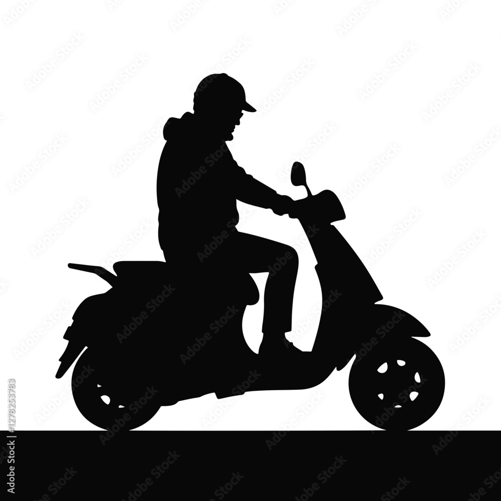 Fototapeta premium Silhouette of a scooter rider on urban street, transportation theme