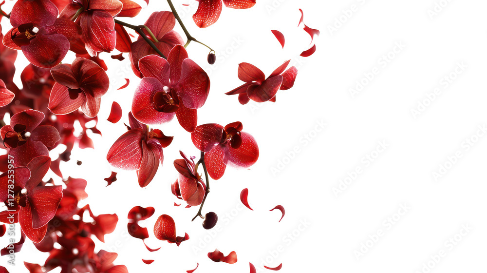 Floating Red Orchid Flowers with Petals on Transparent Background, Elegant Floral Design Floating Red Orchid Flowers with Petals on Transparent Background, Elegant Floral Design