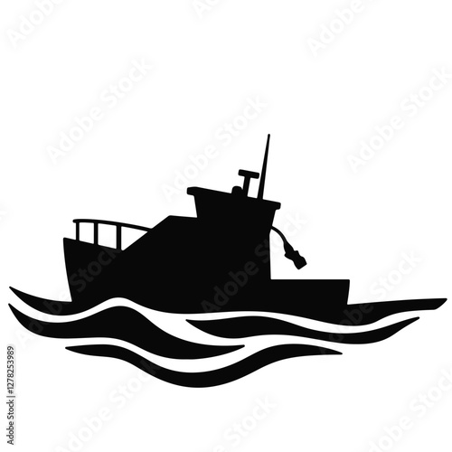 Silhouette of lifeboat navigating choppy seas, marine symbolism