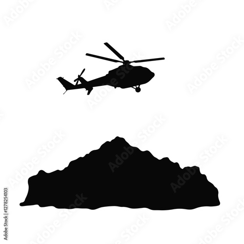 Helicopter silhouette hovering over mountain, transportation concept