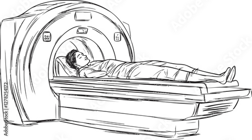 Illustration of a patient undergoing an MRI scan in a medical setting.