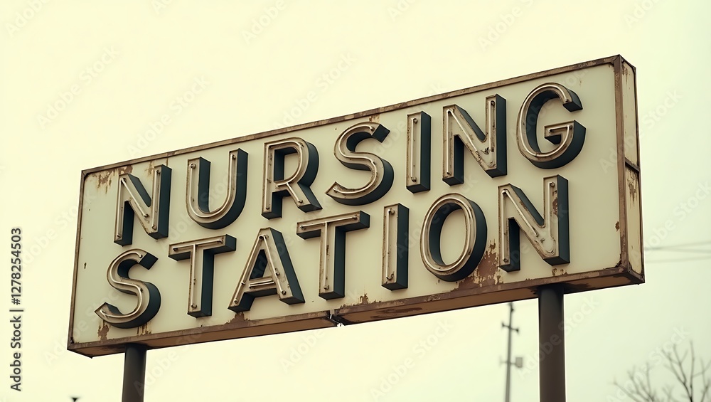Obraz premium Old nursing station sign indicating a healthcare facility in a quiet area