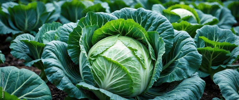 Obraz premium Vibrant Green Cabbage Heads Nestled Amongst Lush Vegetable Garden Foliage Illustrating Healthy Organic Farming Practices