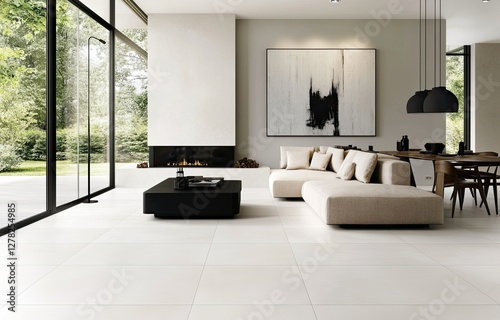 Modern Living Room with Fireplace and Large Windows