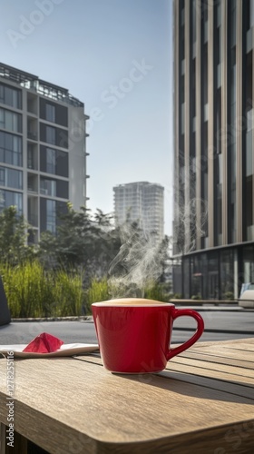 Urban Coffee Break in Modern Cityscape. Enjoying a hot drink in a red cup, surrounded by modern buildings and nature.