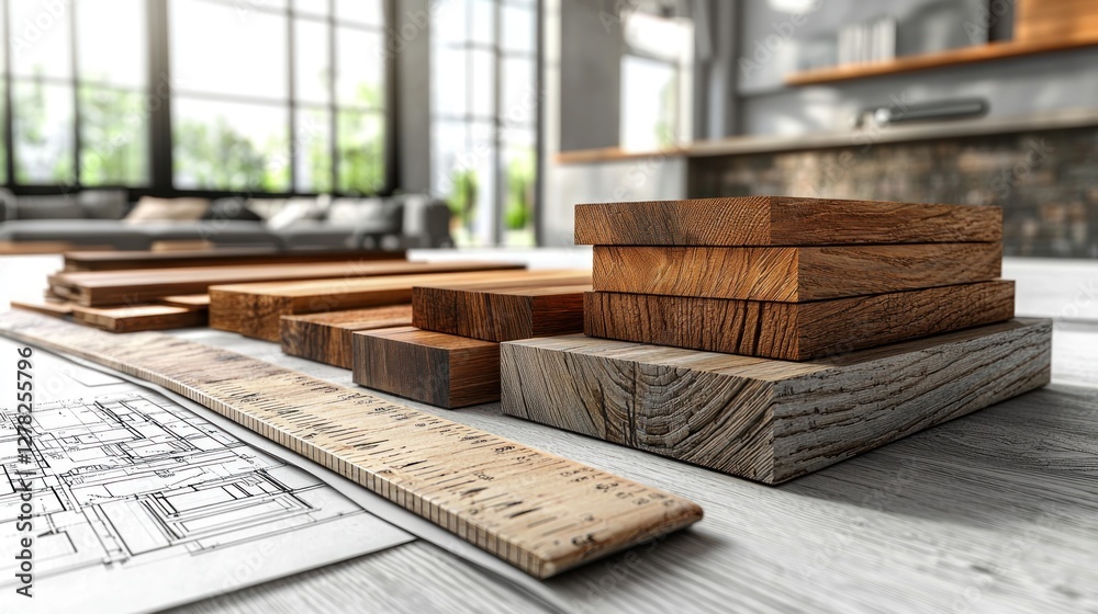 Close-up of various wooden planks and a ruler on a designer's workspace Close-up of various wooden planks and a ruler on a designer's workspace