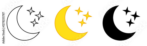 Crescent moon with stars icon. Night icon. Crescent moon icon yellow and black variatn.