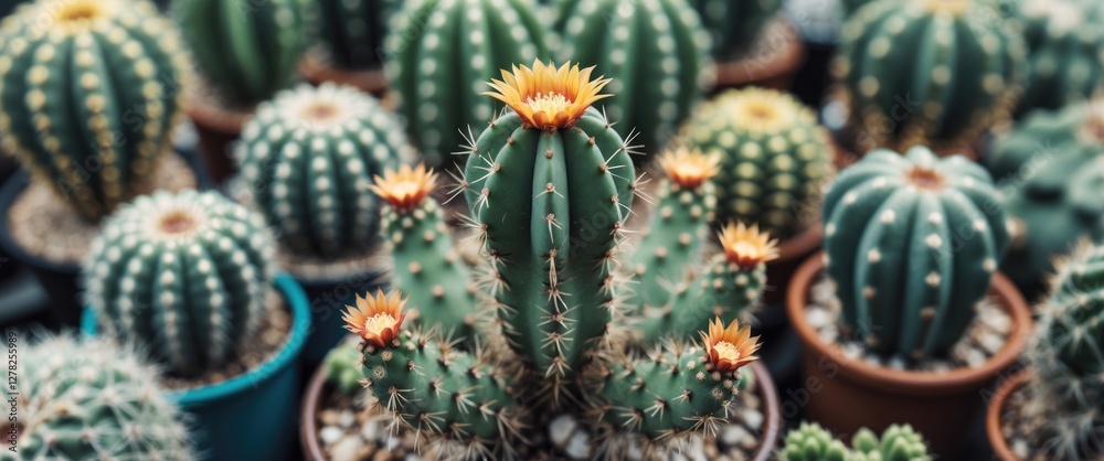 Fototapeta premium Vibrant Cactus Flowers in Macro Photography with Greenery Background and Copy Space for Text Display
